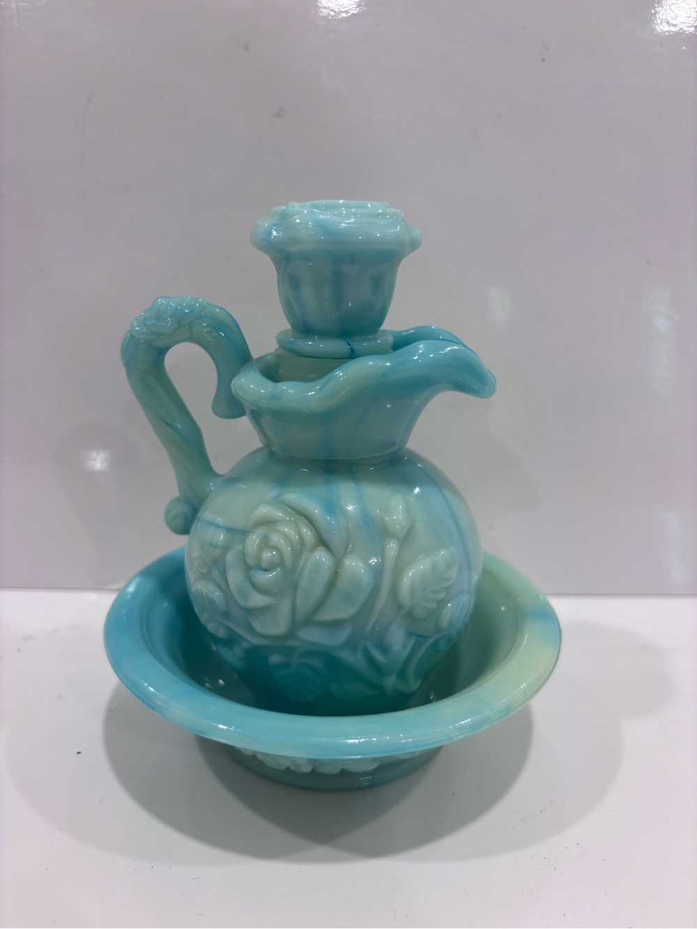Vtg Jadeite Avon Green Slag Glass Pitcher Saucer Cap Lid Full Set 1970s Mint